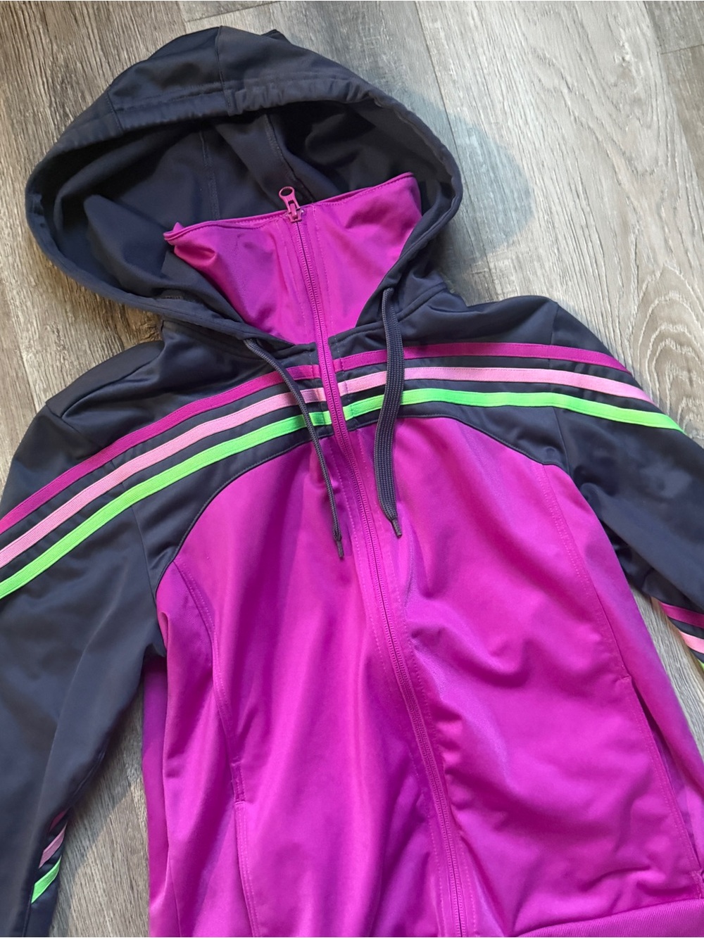 adidas ClimaLite Women’s Full Zip Hooded Hoodie Purple Blue Striped M - 0199